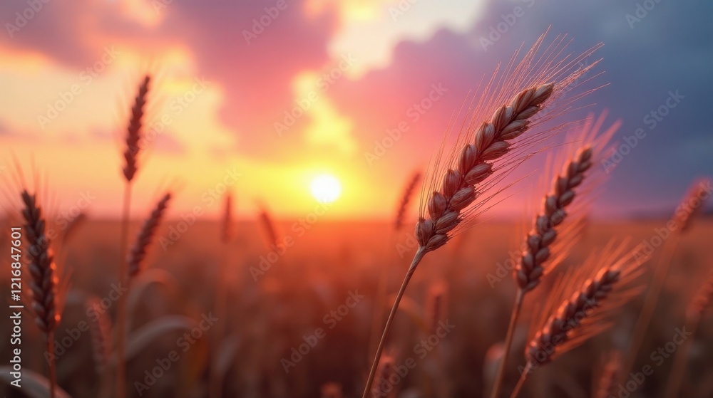 Golden Wheat Stalks Silhouetted Against a Vibrant Sunset Sky, Nature's Bounty at Golden Hour Golden Wheat Stalks Silhouetted Against a Vibrant Sunset Sky, Nature's Bounty at Golden Hour