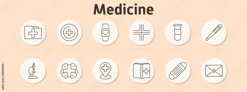 Medical healthcare set icon. Folder, medical badge, smartwatch, cross, test tube, thermometer, microscope, brain health, location, handbook, mask, medical letter Medical healthcare set icon. Folder, medical badge, smartwatch, cross, test tube, thermometer, microscope, brain health, location, handbook, mask, medical letter