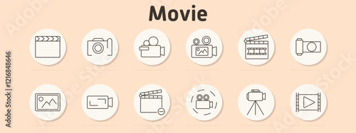 Movie making set icon. Clapper, camera, filming, production, director, roll, storyboard, scene, tripod, recording, action, content creation