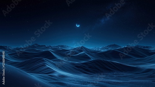 Wide view of dark navy sand dunes with sparkles, set in a cosmic night, creating an elegant, premium background