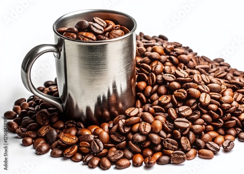 Aromatic Coffee Beans & Stainless Steel Coffee Cup on White Background - Stock Photo