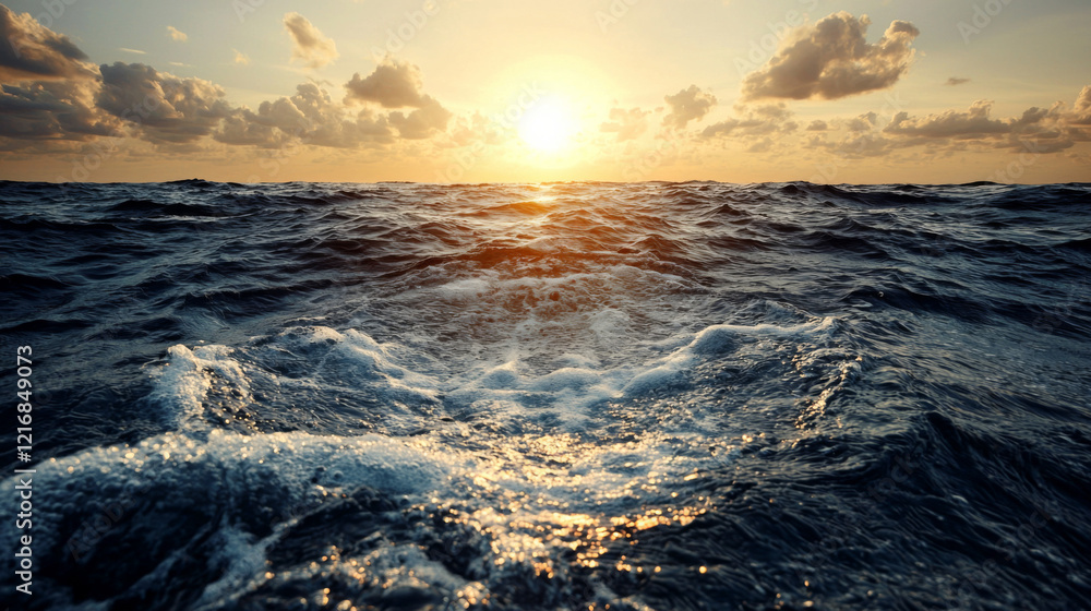 Obraz premium Sunset over the ocean with clouds reflecting golden light in the sky