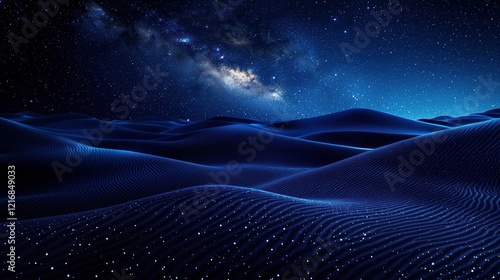 Wide view of dark navy sand dunes with sparkles, set in a cosmic night, creating an elegant, premium background