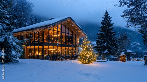 cozy winter chalet restaurant in snowy mountains photo