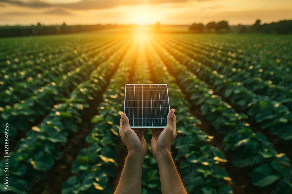 Fototapeta premium Hands Holding A Solar Panel Over A Green Agricultural Field At Sunset Symbolizing Sustainable Farming