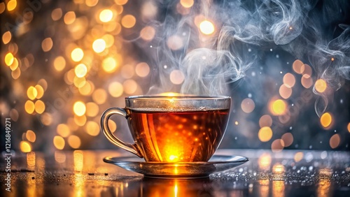 Aromatic Hot Tea in Glass Cup, White Background, Bokeh Effect Stock Photo