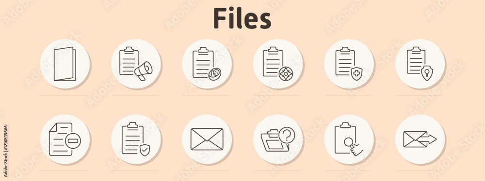 Files set icon. Folder, document, clipboard megaphone, report coin, compass, shield, document security, file minus, envelope, folder question, clipboard magnifying glass. Files set icon. Folder, document, clipboard megaphone, report coin, compass, shield, document security, file minus, envelope, folder question, clipboard magnifying glass.