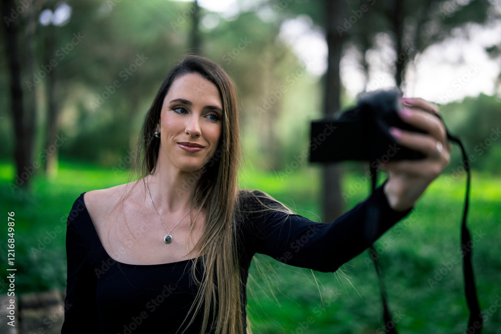 Chica joven delgada vloggeando con cámara por zona verde con arboles