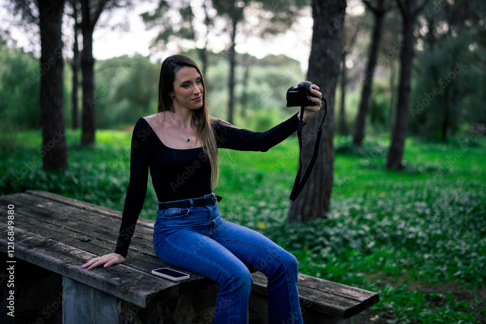 Chica joven delgada vloggeando con cámara por zona verde con arboles