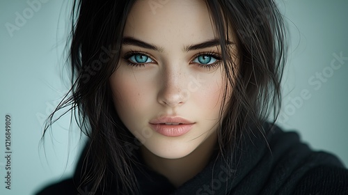 Cinematic vertical portrait of a Ukrainian woman, vivid heterochromatic eyes, glowing skin, elegant expression, blurred professional background, and upright composition. Ultra-realistic, photo-realist photo