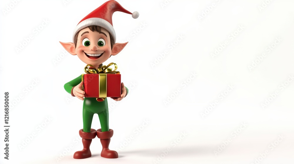Cheerful Elf Character Holding Gift Box with Bright Smile