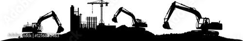 Vektor Silhouette - Bagger auf Sandhügeln - Gebäude Bauindustrie - Baumaschine im Einsatz - Bauprojekt