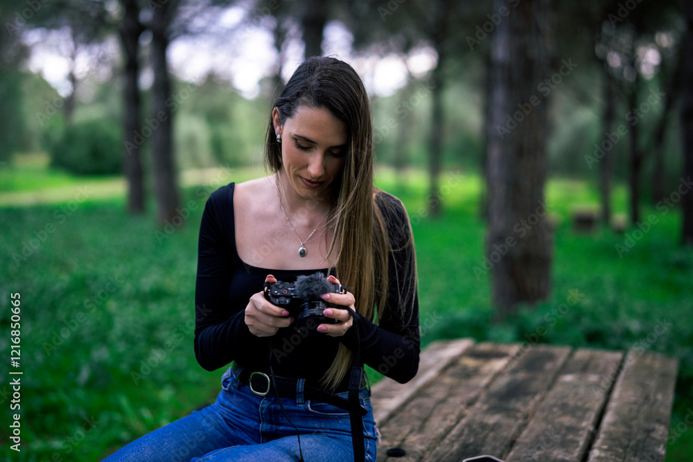 Chica joven delgada vloggeando con cámara por zona verde con arboles