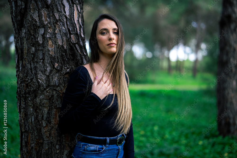 Chica joven delgada vloggeando con cámara por zona verde con arboles