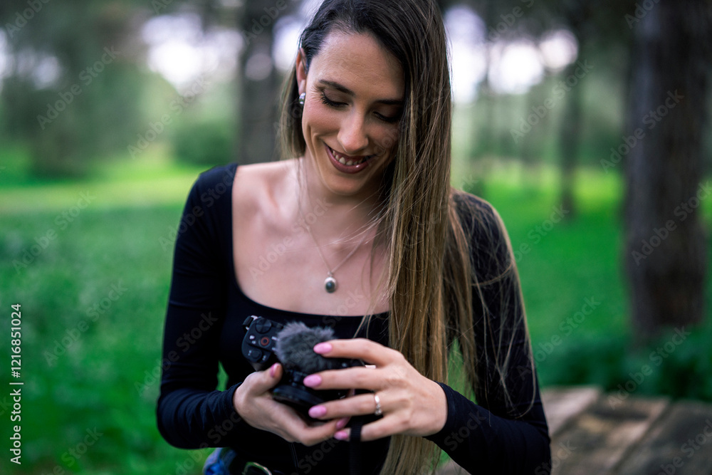 Chica joven delgada vloggeando con cámara por zona verde con arboles