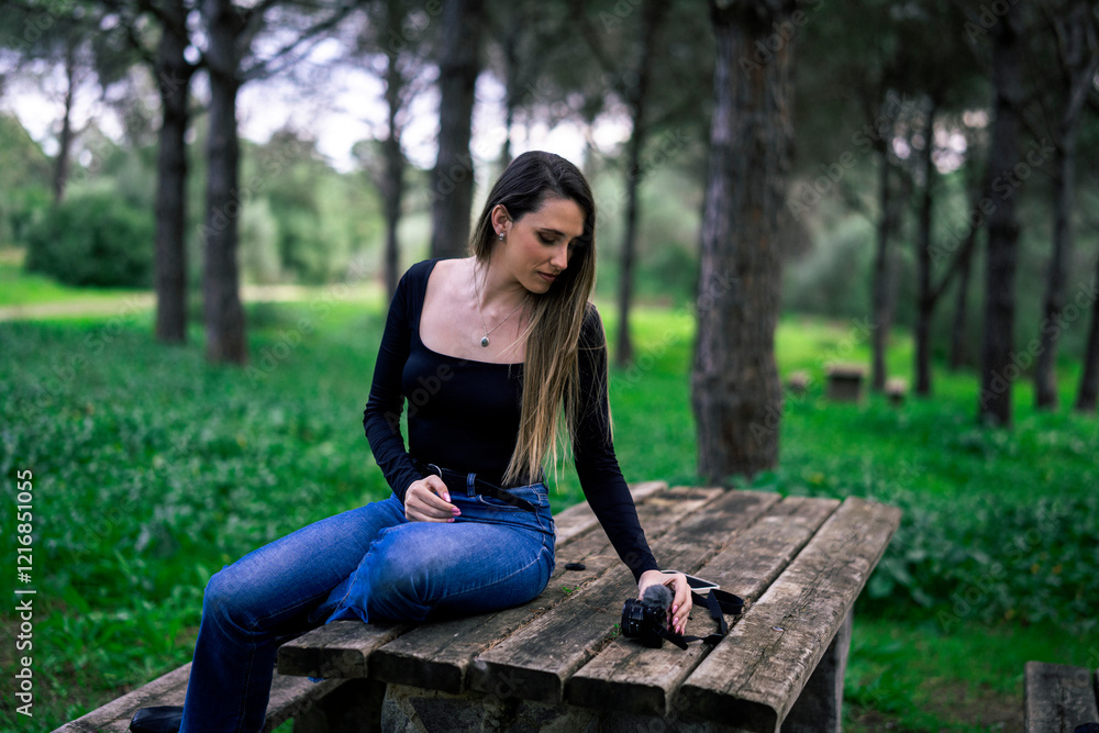 Chica joven delgada vloggeando con cámara por zona verde con arboles
