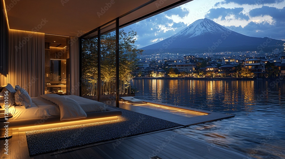 Obraz premium Luxurious bedroom, Mt. Fuji view, lake, Japan