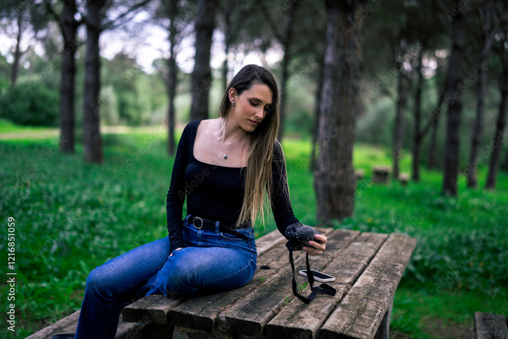 Chica joven delgada vloggeando con cámara por zona verde con arboles Chica joven delgada vloggeando con cámara por zona verde con arboles