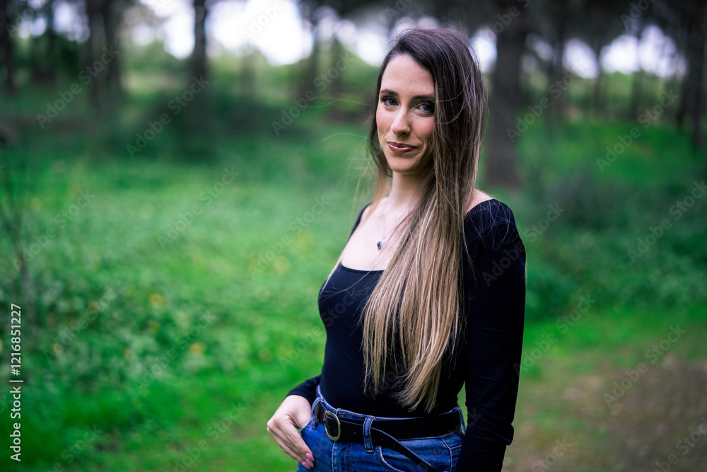 Chica joven delgada vloggeando con cámara por zona verde con arboles