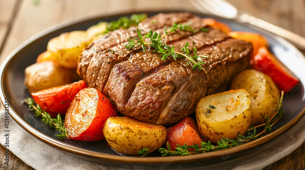Gourmet Grilled Beef Steak with Seasonal Vegetables and Herb-Infused Potatoes Gourmet Grilled Beef Steak with Seasonal Vegetables and Herb-Infused Potatoes