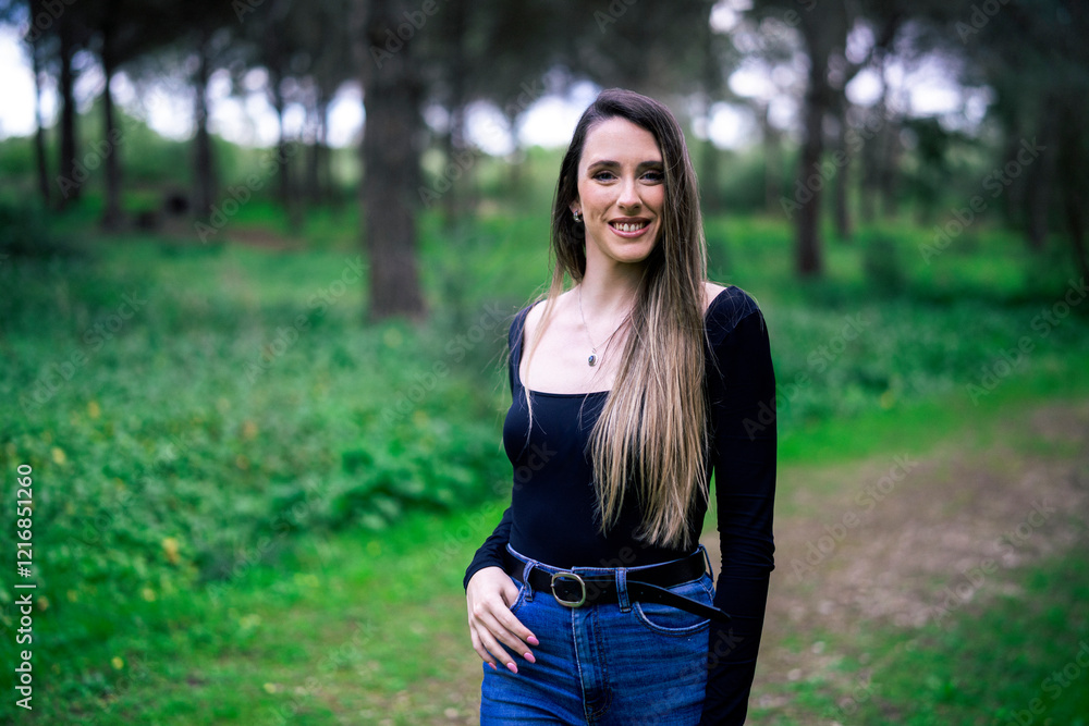 Chica joven delgada vloggeando con cámara por zona verde con arboles