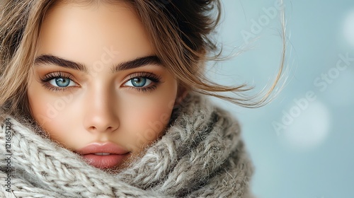 Vertical portrait of a Ukrainian woman with striking heterochromatic eyes, glowing skin, natural beauty, soft makeup, centered and upright with blurred background for professional finish. Ultra-realis photo