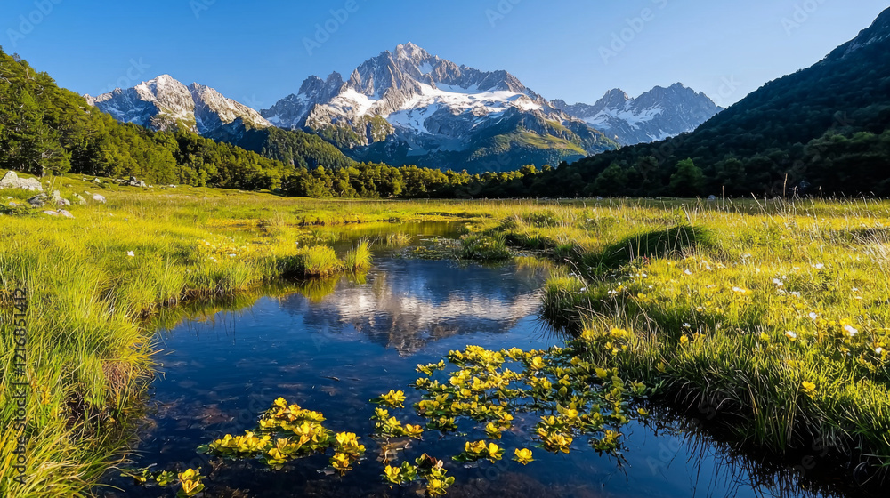Naklejka premium Scenic view of mountains reflecting in a serene lake surrounded by lush greenery