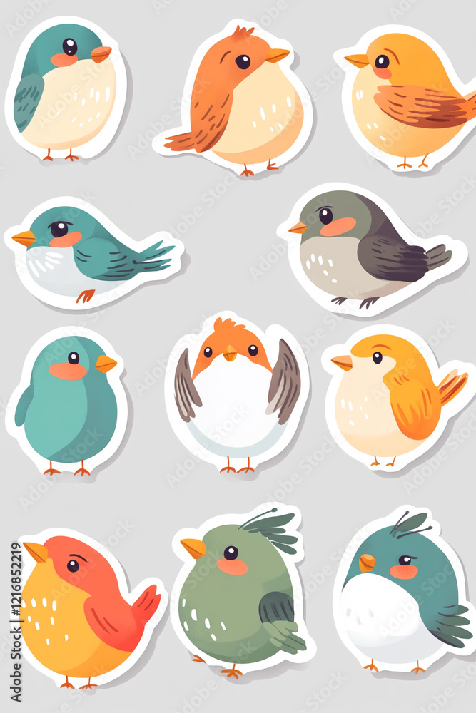 Collection of Colorful Cartoon Bird Illustrations with White Outlined Stickers Collection of Colorful Cartoon Bird Illustrations with White Outlined Stickers