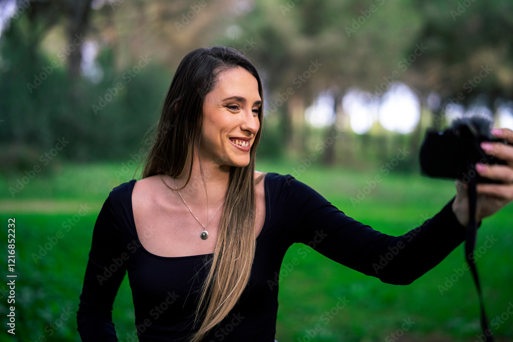 Chica joven delgada vloggeando con cámara por zona verde con arboles