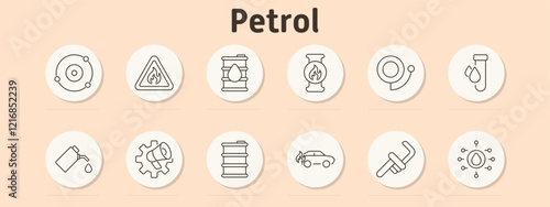 Petrol set icon. Molecule, fire hazard, oil barrel, gas burner, coil, oil drop test tube, oil canister, gear with megaphone, barrel, car on fire, pipeline, oil network