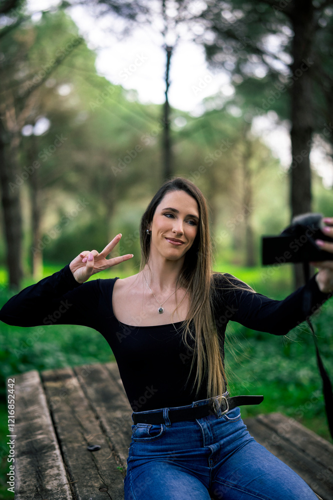 Chica joven delgada vloggeando con cámara por zona verde con arboles