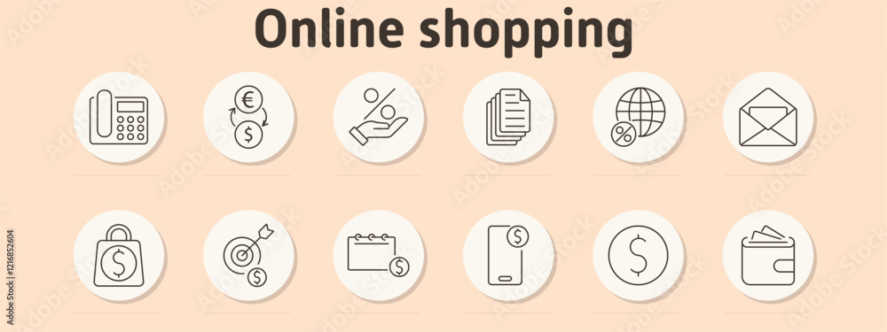 Online shopping set icon. Landline phone, currency exchange, hand with discount, documents, globe percent, mail, shopping bag, calendar, smartphone price tag, dollar coin, wallet, cash Online shopping set icon. Landline phone, currency exchange, hand with discount, documents, globe percent, mail, shopping bag, calendar, smartphone price tag, dollar coin, wallet, cash