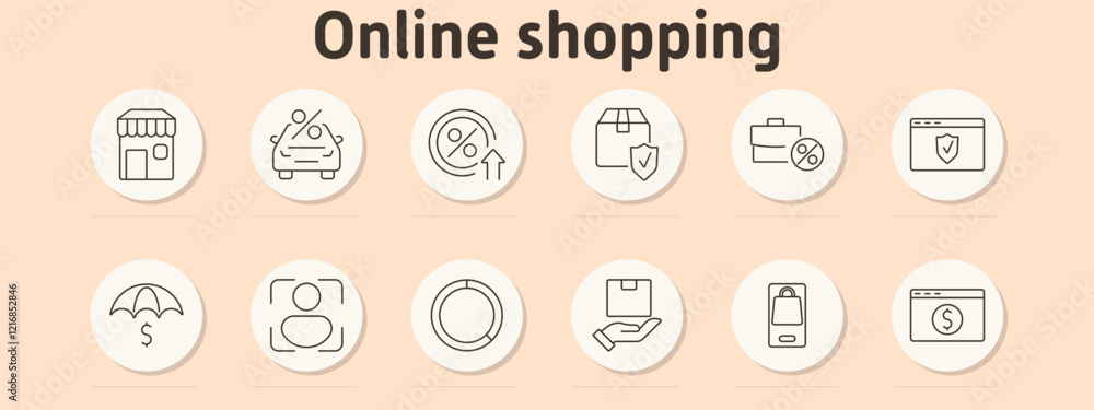 Online shopping set icon. Storefront, car with users, percent circle, box with shield, briefcase with percent, secure webpage, umbrella with dollar, user profile, chart circle, shopping bag, dollar Online shopping set icon. Storefront, car with users, percent circle, box with shield, briefcase with percent, secure webpage, umbrella with dollar, user profile, chart circle, shopping bag, dollar