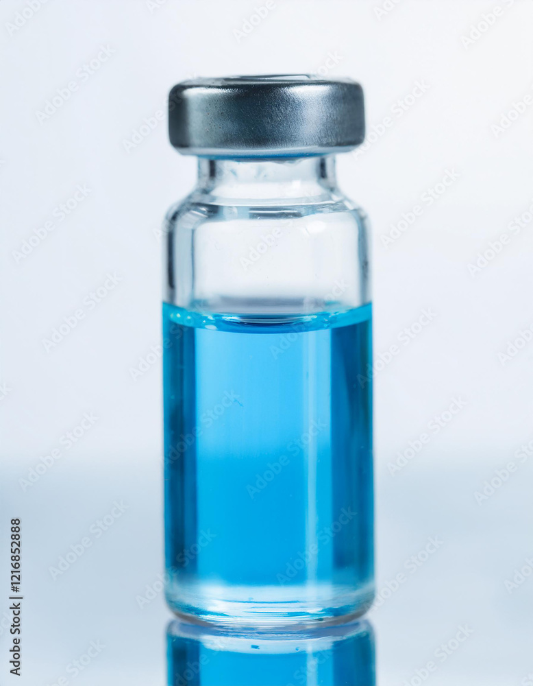 Medical glass vial with blue liquid. Health and medicine treatment. Drug, vaccine for injection. Medical glass vial with blue liquid. Health and medicine treatment. Drug, vaccine for injection.