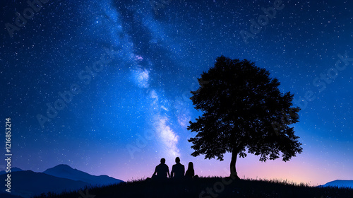 A serene night scene featuring two people sitting under a tree, gazing at a starry sky with the Milky Way illuminated above