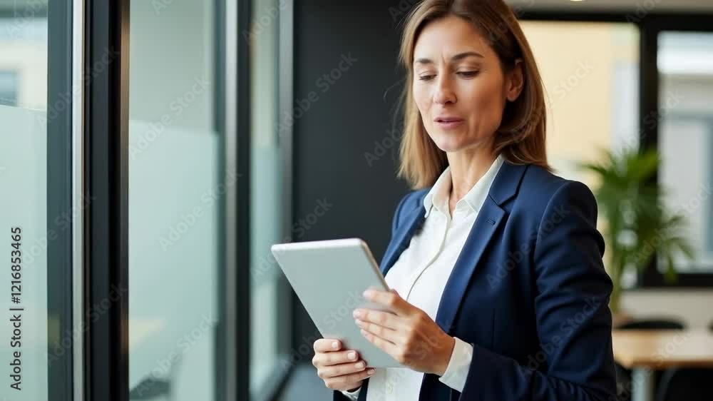 Confident Businesswoman Holding Tablet in Modern Office Space with Natural Light, Smiling at Camera for Professional and Corporate Themes Confident Businesswoman Holding Tablet in Modern Office Space with Natural Light, Smiling at Camera for Professional and Corporate Themes