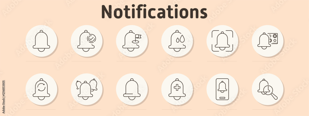 Notifications set icon. Bell with checkmark, flag alert, water drops, scanning notification, smiley alert, multiple notifications, medical cross, mobile notification, zoom alert, timer Notifications set icon. Bell with checkmark, flag alert, water drops, scanning notification, smiley alert, multiple notifications, medical cross, mobile notification, zoom alert, timer