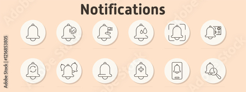 Notifications set icon. Bell with checkmark, flag alert, water drops, scanning notification, smiley alert, multiple notifications, medical cross, mobile notification, zoom alert, timer