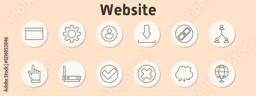 Website set icon. Browser window, settings gear, user targeting, download, link, hierarchy chart, hand pointer, router, approval checkmark, cancel cross, cloud, global