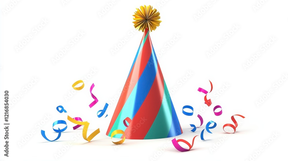 Obraz premium Colorful Party Hat with Streamers on White Background