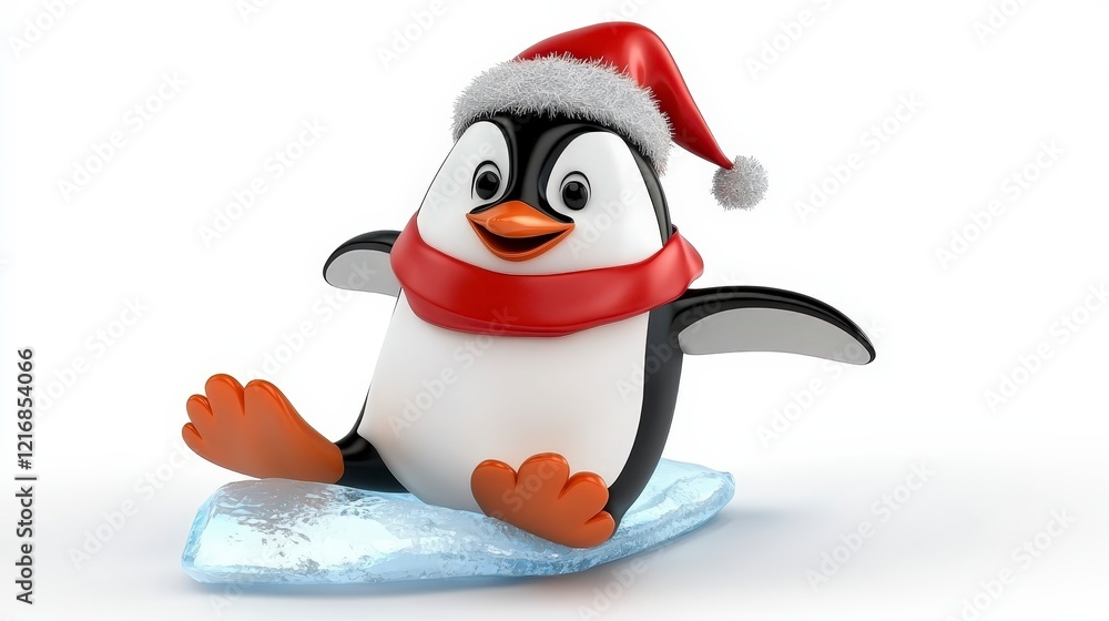 Fototapeta premium Cheerful Penguin Wearing Santa Hat on Ice with Christmas Spirit