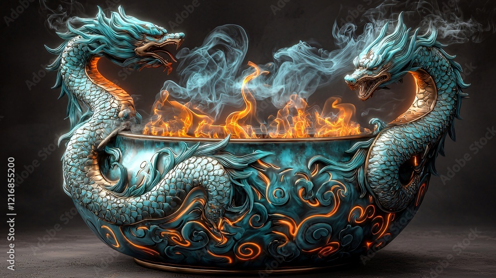 Obraz premium Twin dragons incense burner, fire, smoke, dark background, spiritual ritual