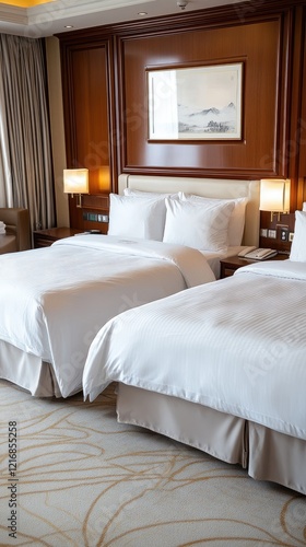 Wallpaper Mural Hotel room features two comfortable beds, warm lighting, and a breathtaking view of mountains and nature through large windows Torontodigital.ca