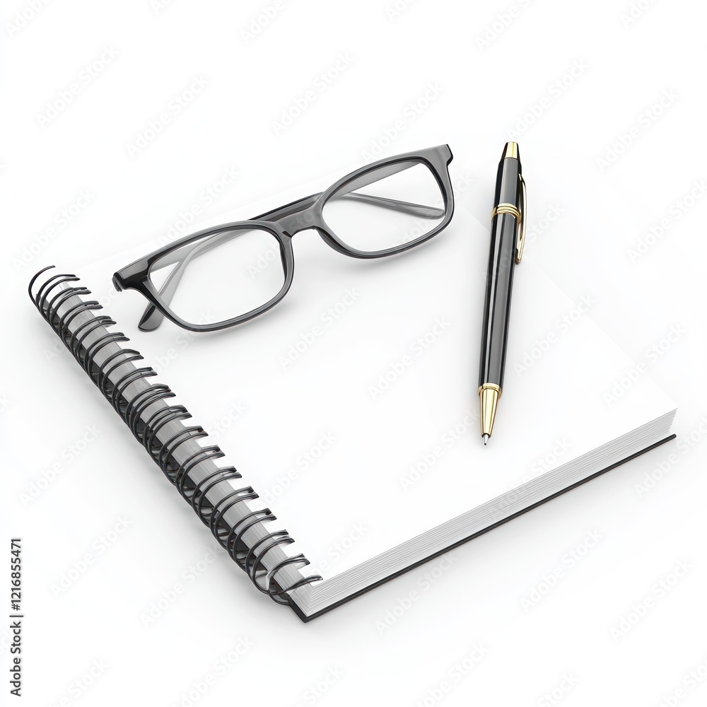 Office supplies on notepad; glasses, pen, white background; work organization Office supplies on notepad; glasses, pen, white background; work organization