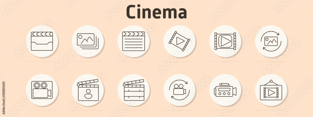 Cinema set icon. Clapperboard, image gallery, script, video, filmstrip, rotating images, video camera, circular recording, camcorder, presentation screen with video icon. Cinema set icon. Clapperboard, image gallery, script, video, filmstrip, rotating images, video camera, circular recording, camcorder, presentation screen with video icon.