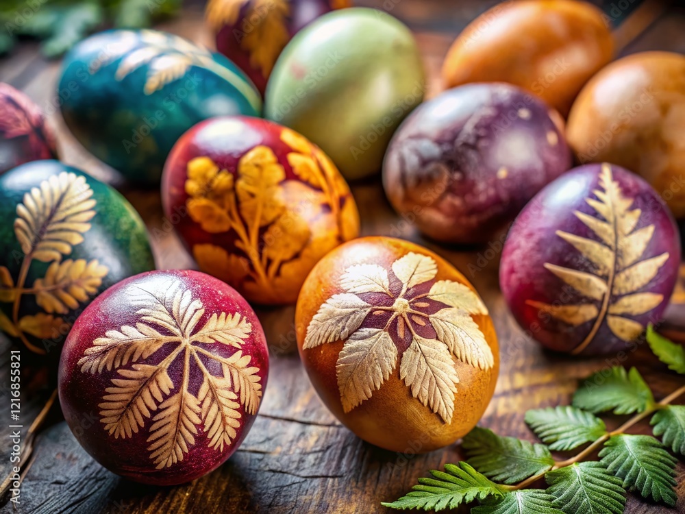 Fototapeta premium Authentic Easter Egg Dyeing: Natural Prints & Patterns on Eggshells