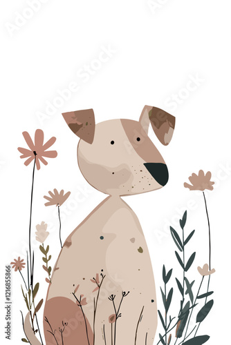 Vector illustration of a cute dog surrounded by colorful flowers and plants in a charming style