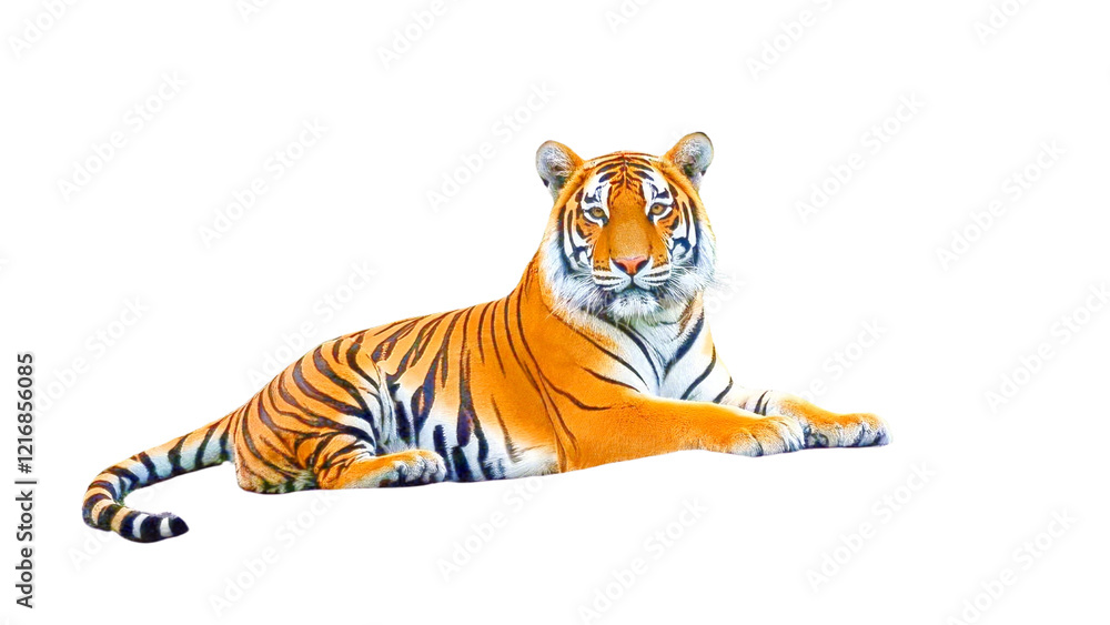Fototapeta premium Set of A majestic Bengal tiger resting on a rock in the heart of a lush jungle on transparent png....