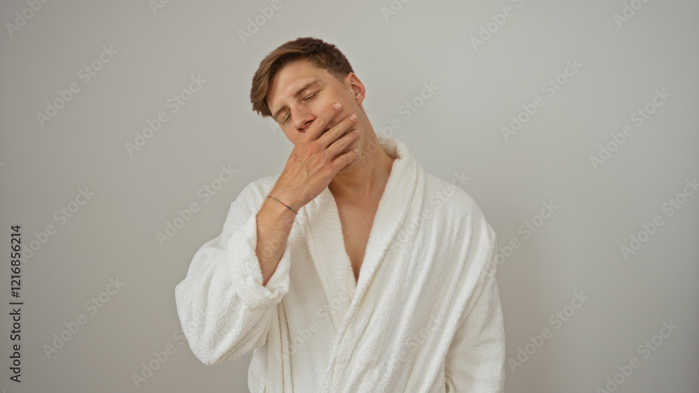 Young man wearing a white bathrobe isolated over a white background with a hand over his face, looking tired and sleepy Young man wearing a white bathrobe isolated over a white background with a hand over his face, looking tired and sleepy