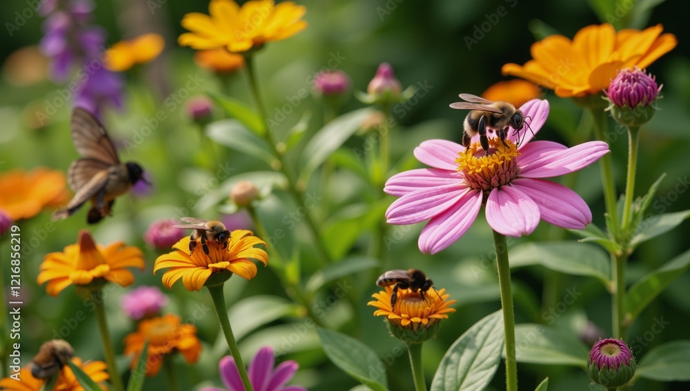 Lush eco-friendly garden showcases native plants and pollinators promoting local biodiversity Lush eco-friendly garden showcases native plants and pollinators promoting local biodiversity